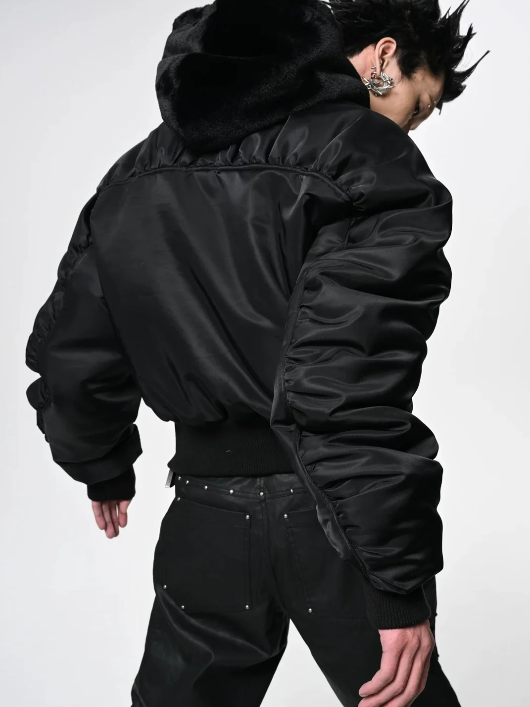 SAXGENWON | Cropped Hooded Faux Fur Bomber Jacket