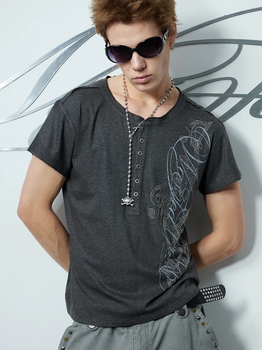 WASTED | Vintage Rhinestone Graphic Slim Fit Henley T-Shirt