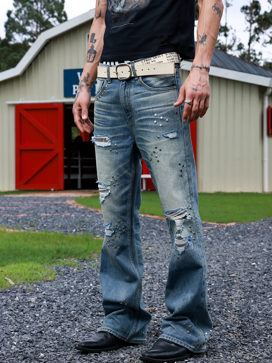 VOWPROGRESS | Houndstooth Patch Distressed Studded Flared Jeans