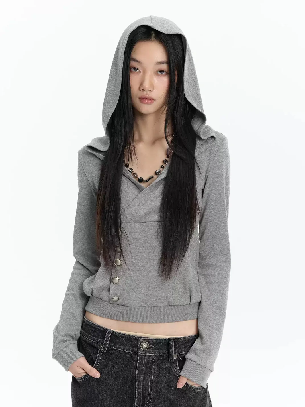 FayChui | Cropped Wrap V-Neck Button Hoodie
