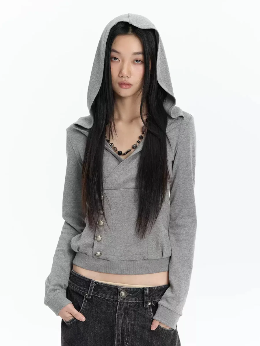 FayChui | Cropped Wrap V-Neck Button Hoodie - 2
