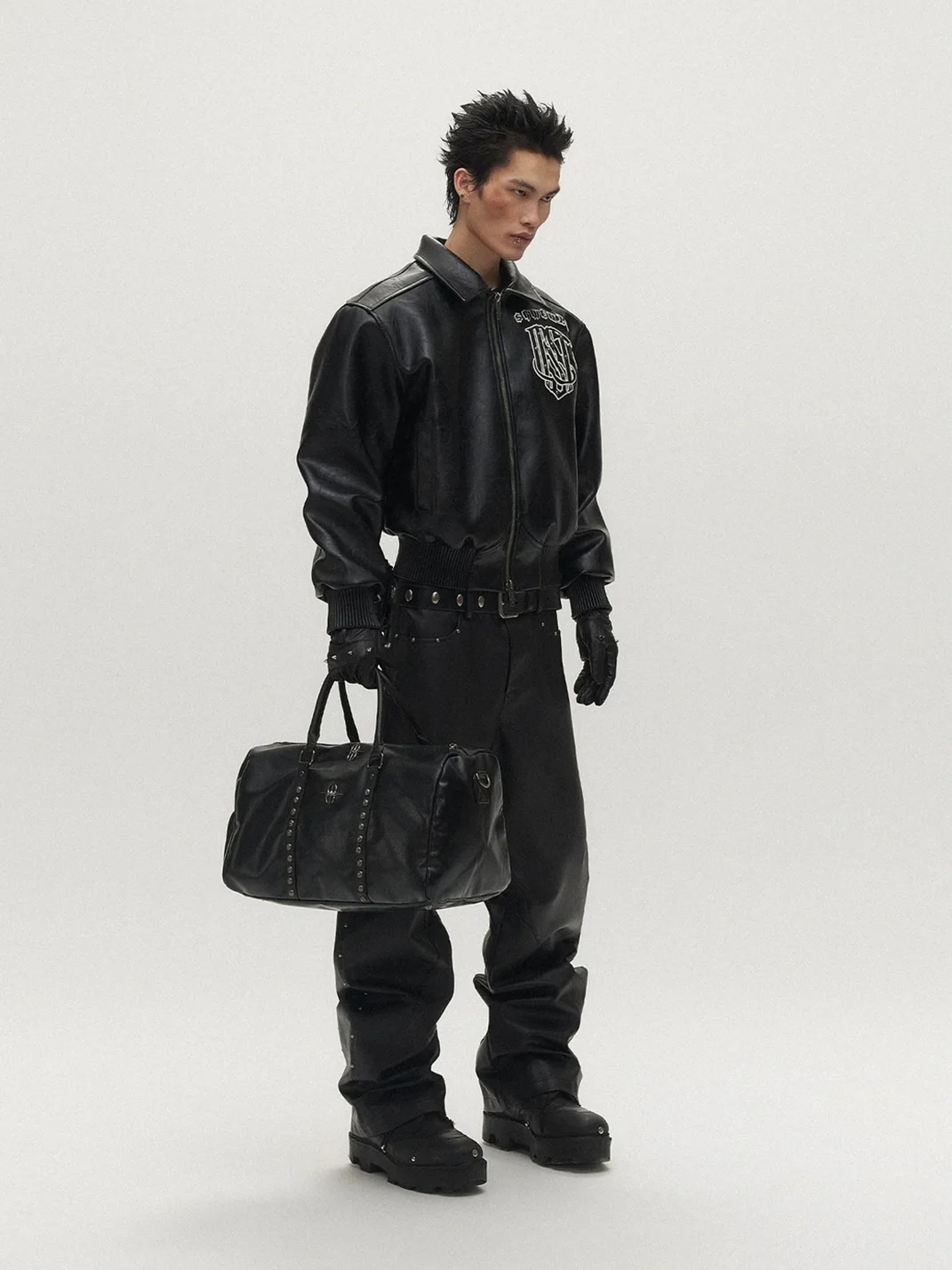 SAXGENWON | Studded Embroidered Faux Leather Moto Jacket