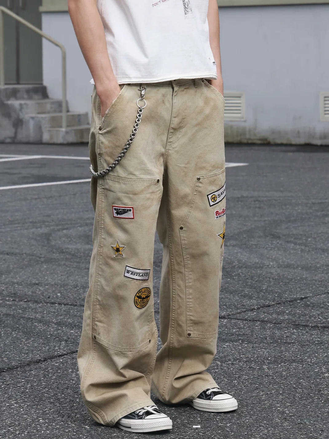 SAXGENWON | Distressed Embroidered Loose Straight Cargo Pants