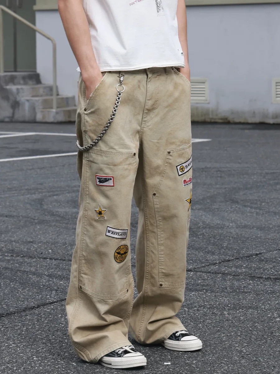 SAXGENWON | Distressed Embroidered Loose Straight Cargo Pants - 3
