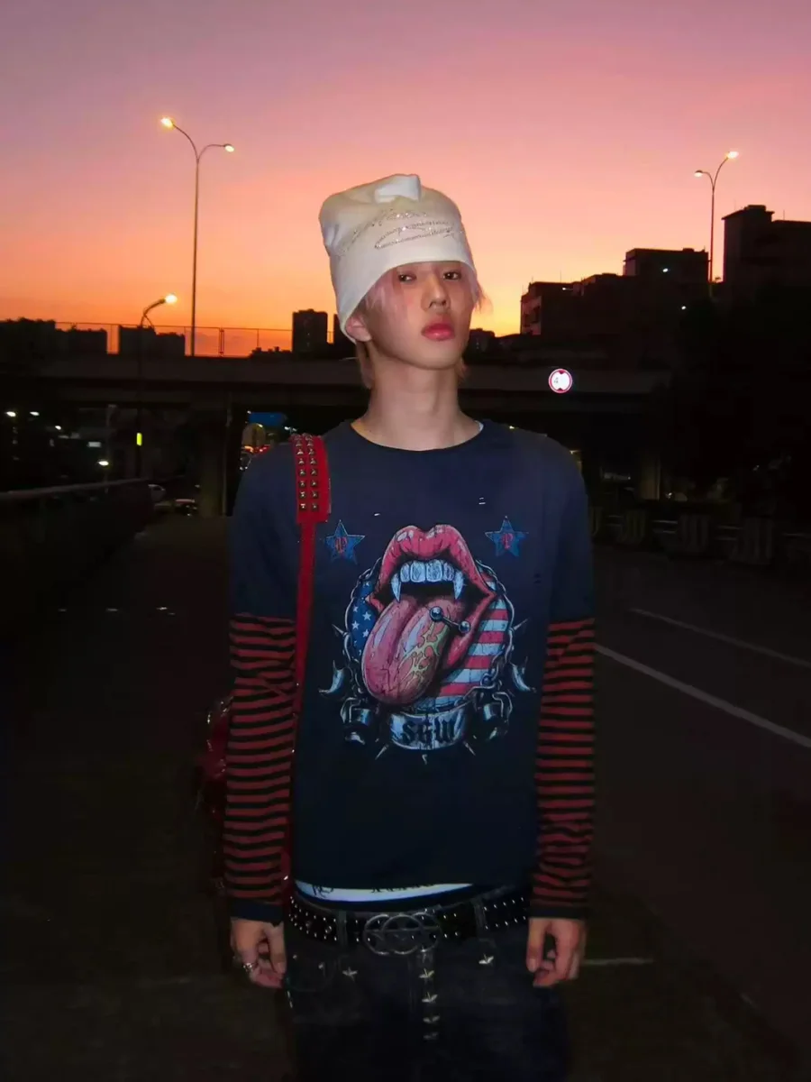SAXGENWON | Distressed Layered Striped Graphic Long Sleeve T-Shirt - 2