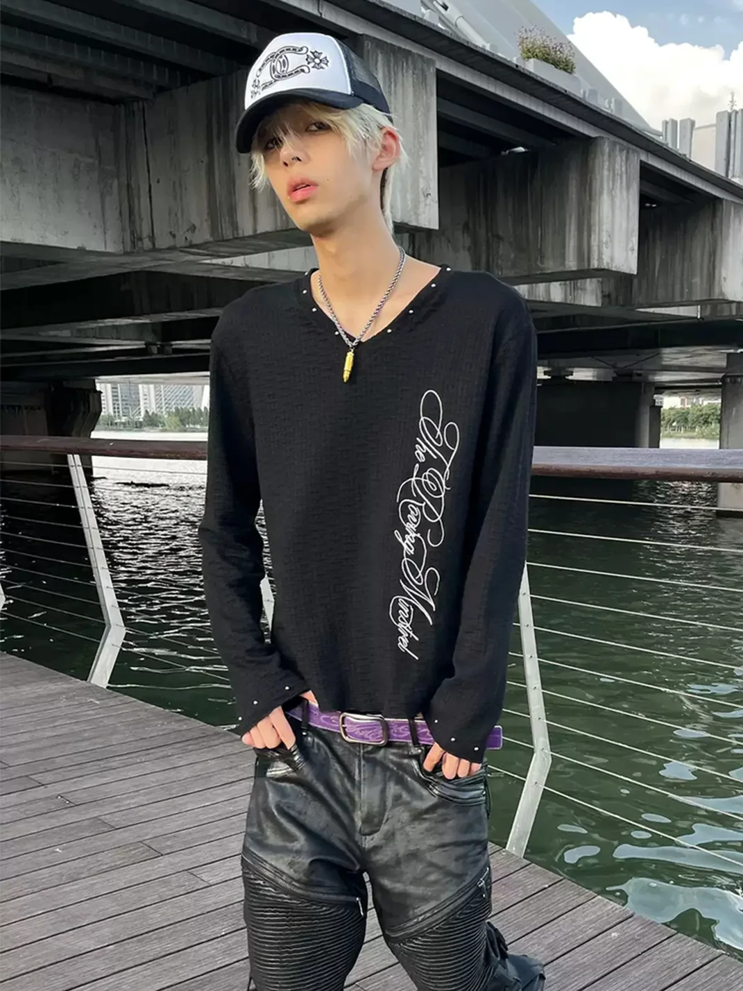 SAXGENWON | Studded V-Neck Jacquard Embroidered Long Sleeve T-Shirt