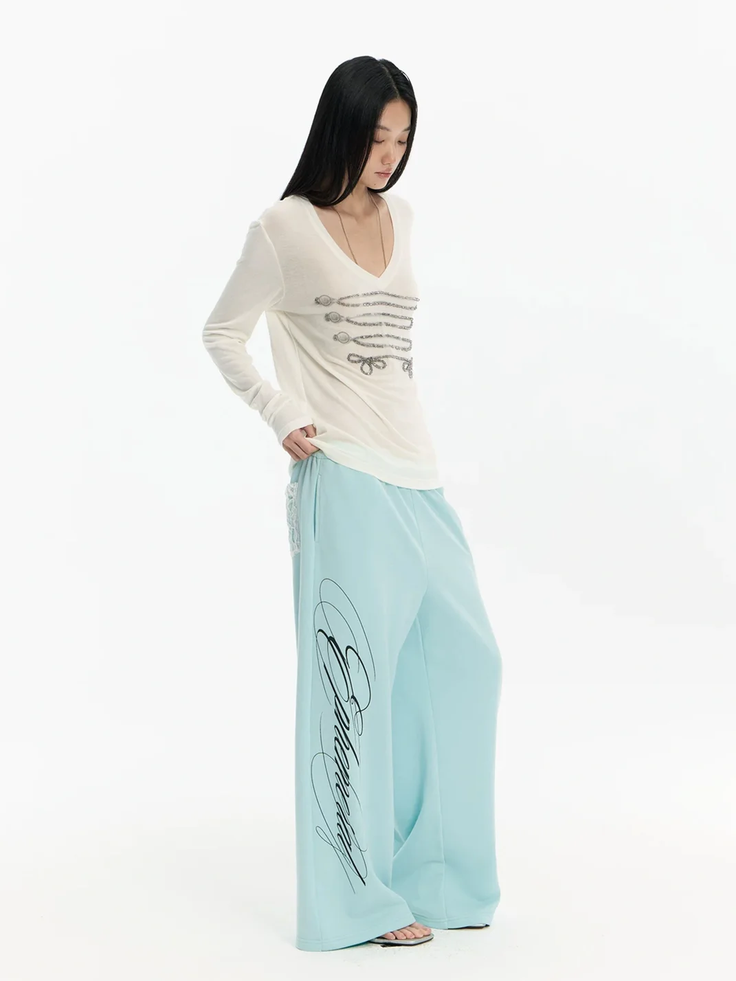 FayChui | Mint Green Printed Wide-Leg Straight-Leg Pants