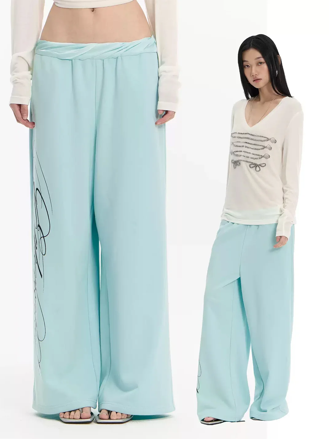 FayChui | Mint Green Printed Wide-Leg Straight-Leg Pants