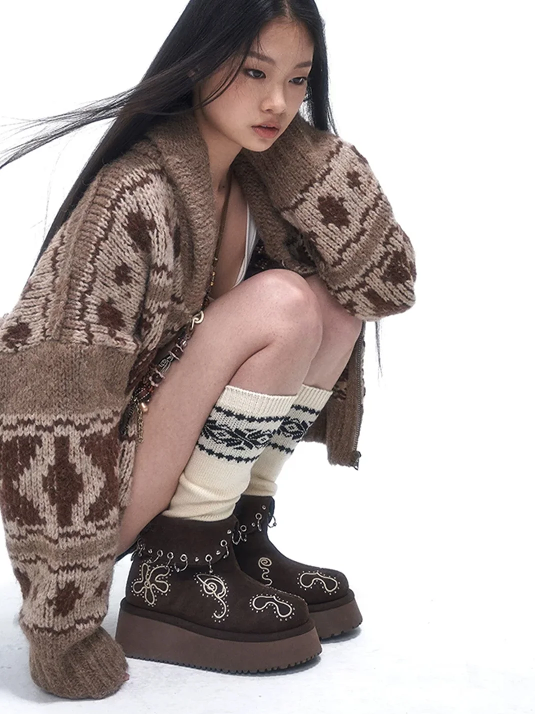 Arcadiagyal | Fair Isle Studded Platform Ankle Boots