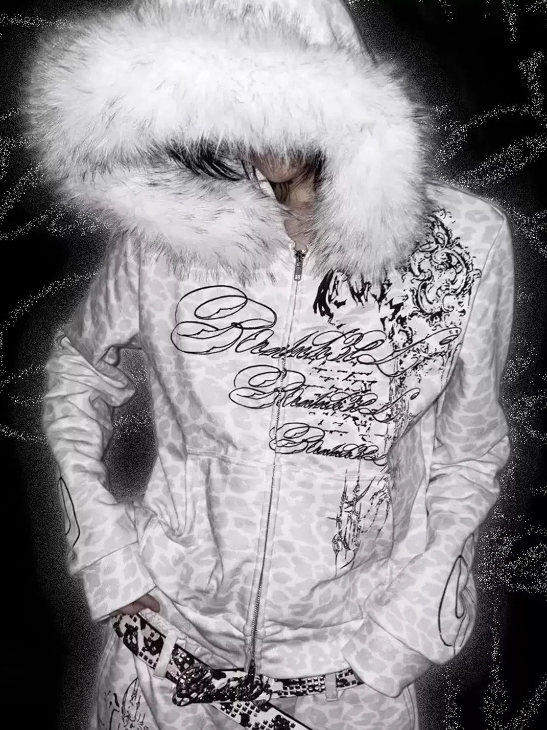 B0RN1NH3LL | Leopard Print Plush Trim Zip Hoodie