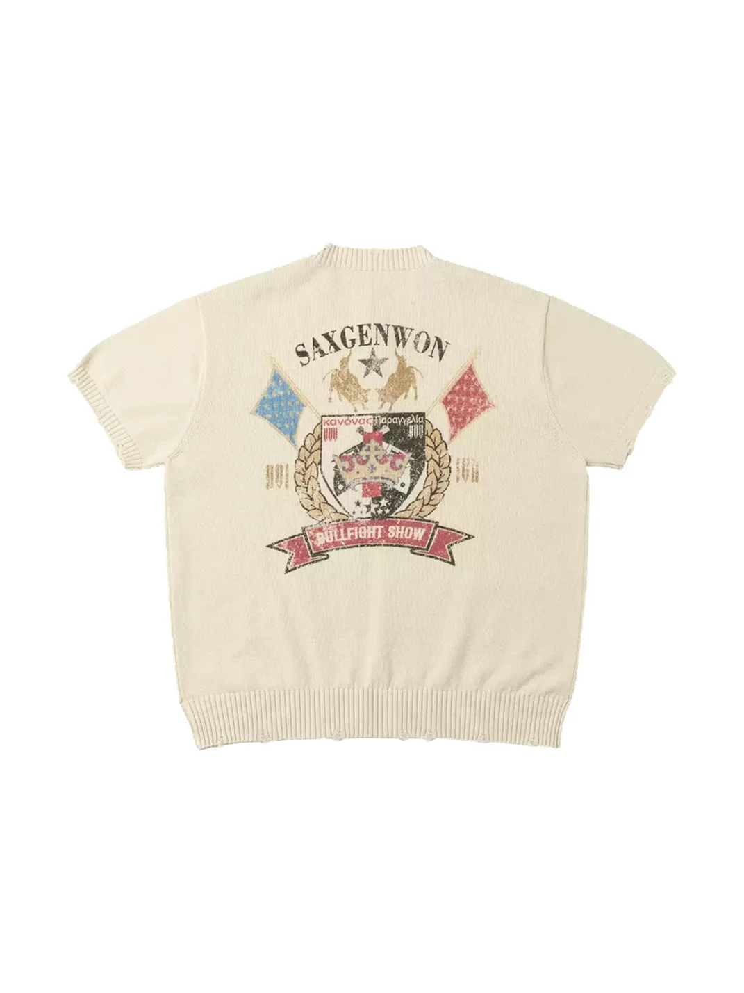 SAXGENWON | Short Wide-Fit Cow Print Henley Knit Top