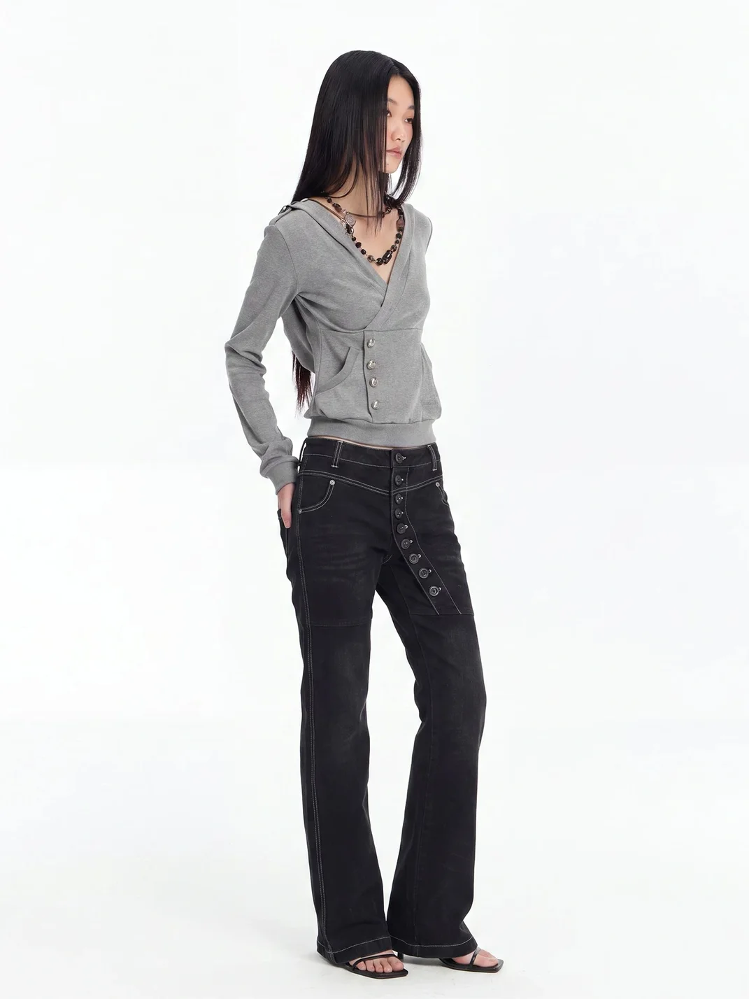 FayChui | Cropped Wrap V-Neck Button Hoodie