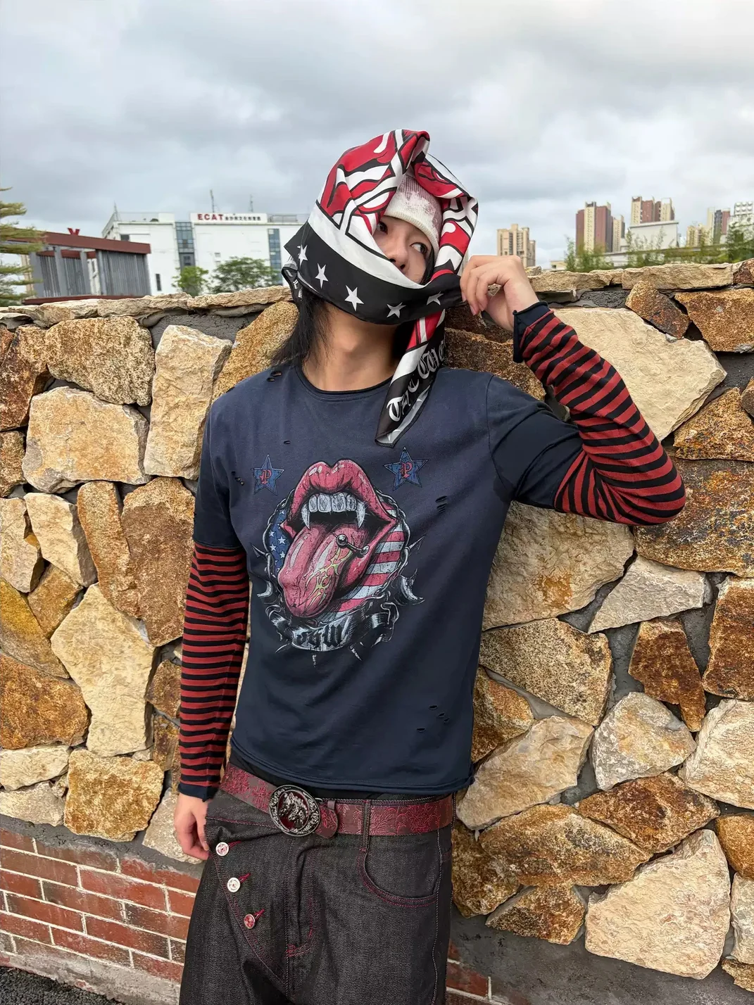 SAXGENWON | Distressed Layered Striped Graphic Long Sleeve T-Shirt