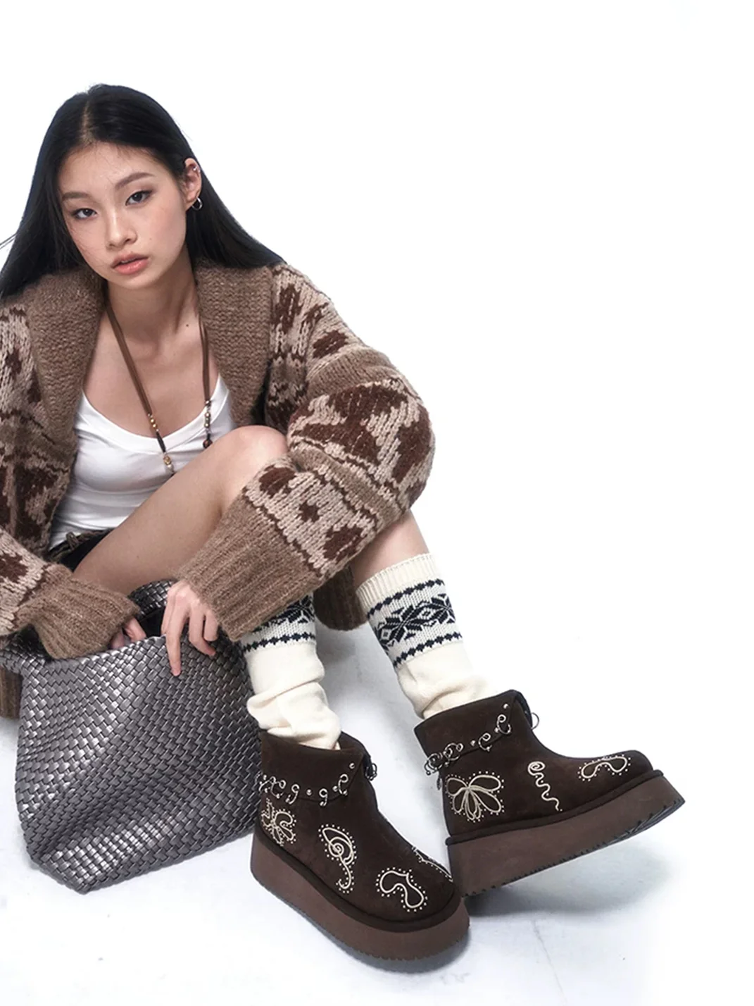 Arcadiagyal | Fair Isle Studded Platform Ankle Boots