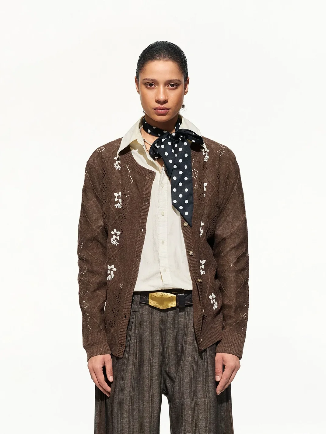 OPENFLY | Embroidered Openwork Long Sleeve Knit Cardigan