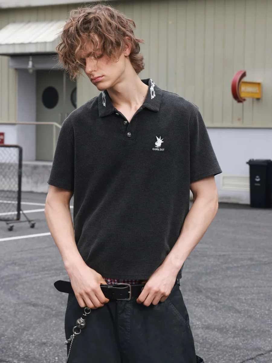 SAXGENWON | Washed Distressed Waffle Embroidered Polo Shirt - 3