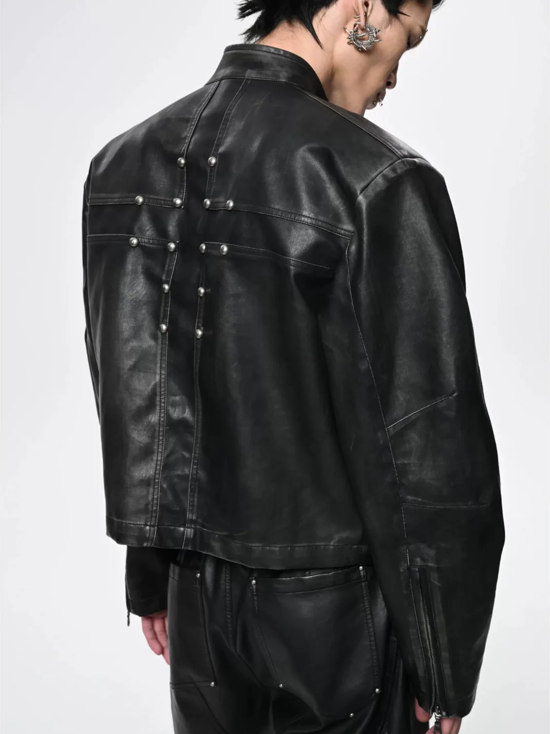 SAXGENWON | Distressed Cross-Zip Cropped Biker Jacket