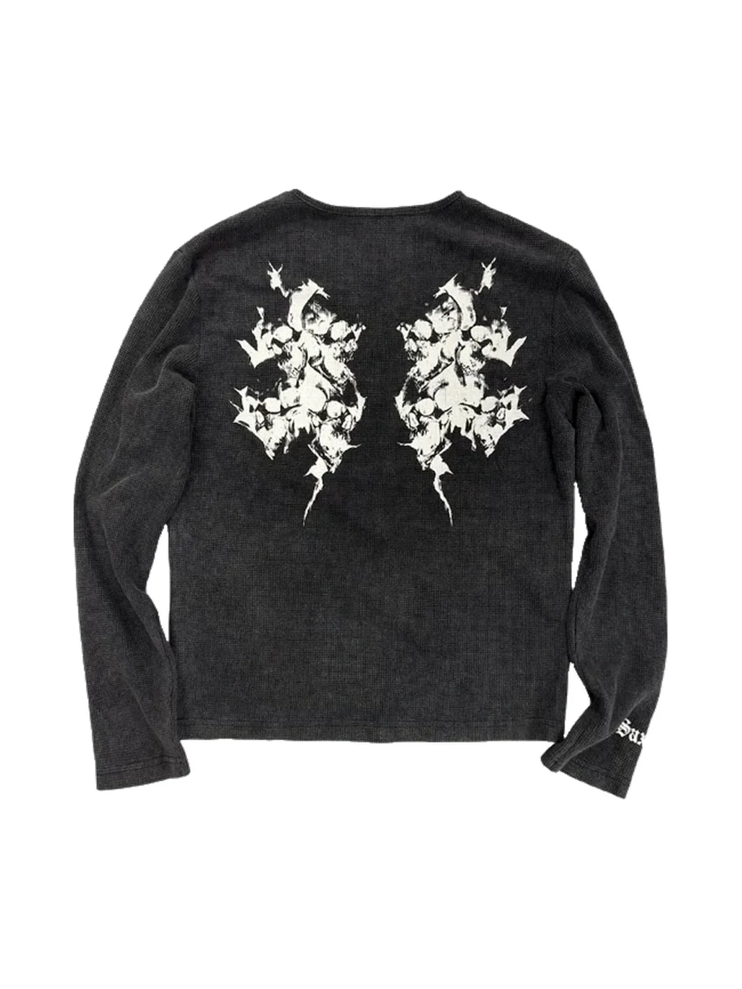 SAXGENWON | Washed Distressed Skull Print Waffle Henley Shirt
