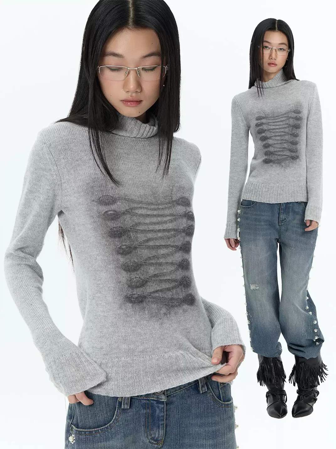 FayChui | Printed Slim Fit Cashmere Wool Turtleneck Sweater