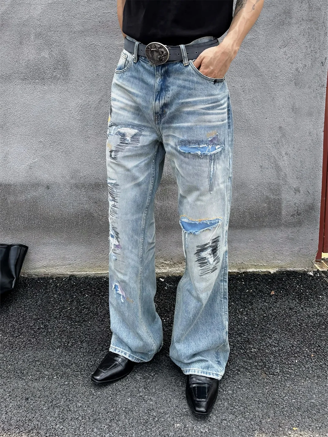 VOWPROGRESS | Boro Embroidered Distressed Loose Straight-Leg Jeans