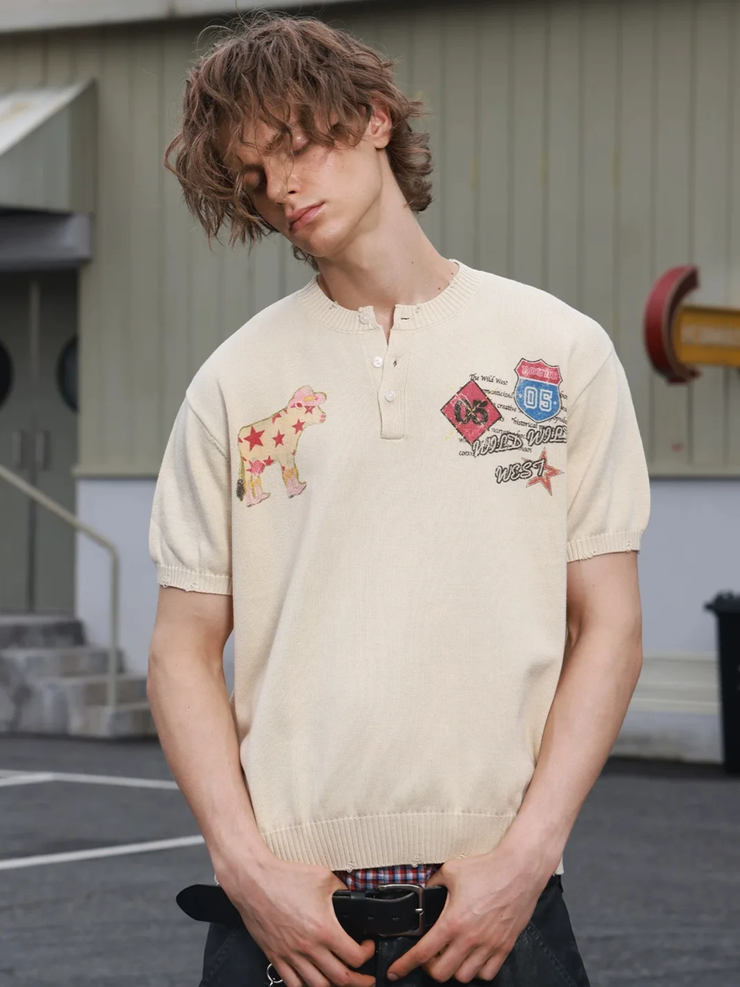 SAXGENWON | Short Wide-Fit Cow Print Henley Knit Top