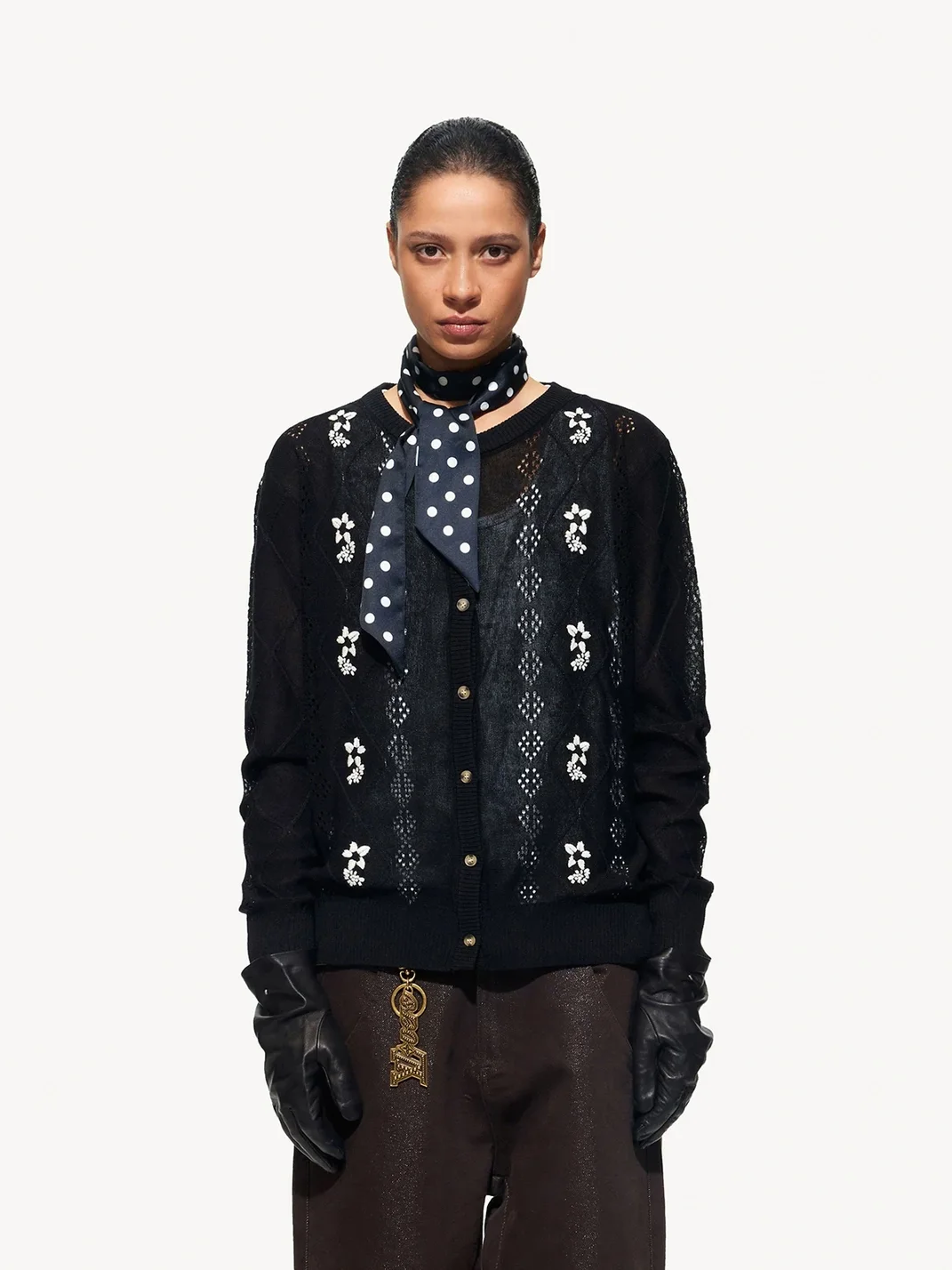 OPENFLY | Embroidered Openwork Long Sleeve Knit Cardigan