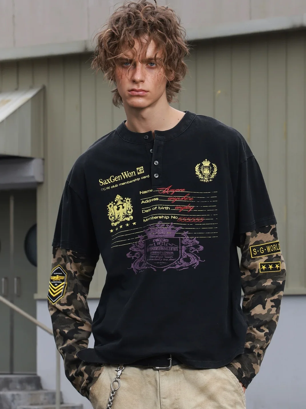 SAXGENWON | Boxy Camouflage Sleeve Henley Long Sleeve T-Shirt