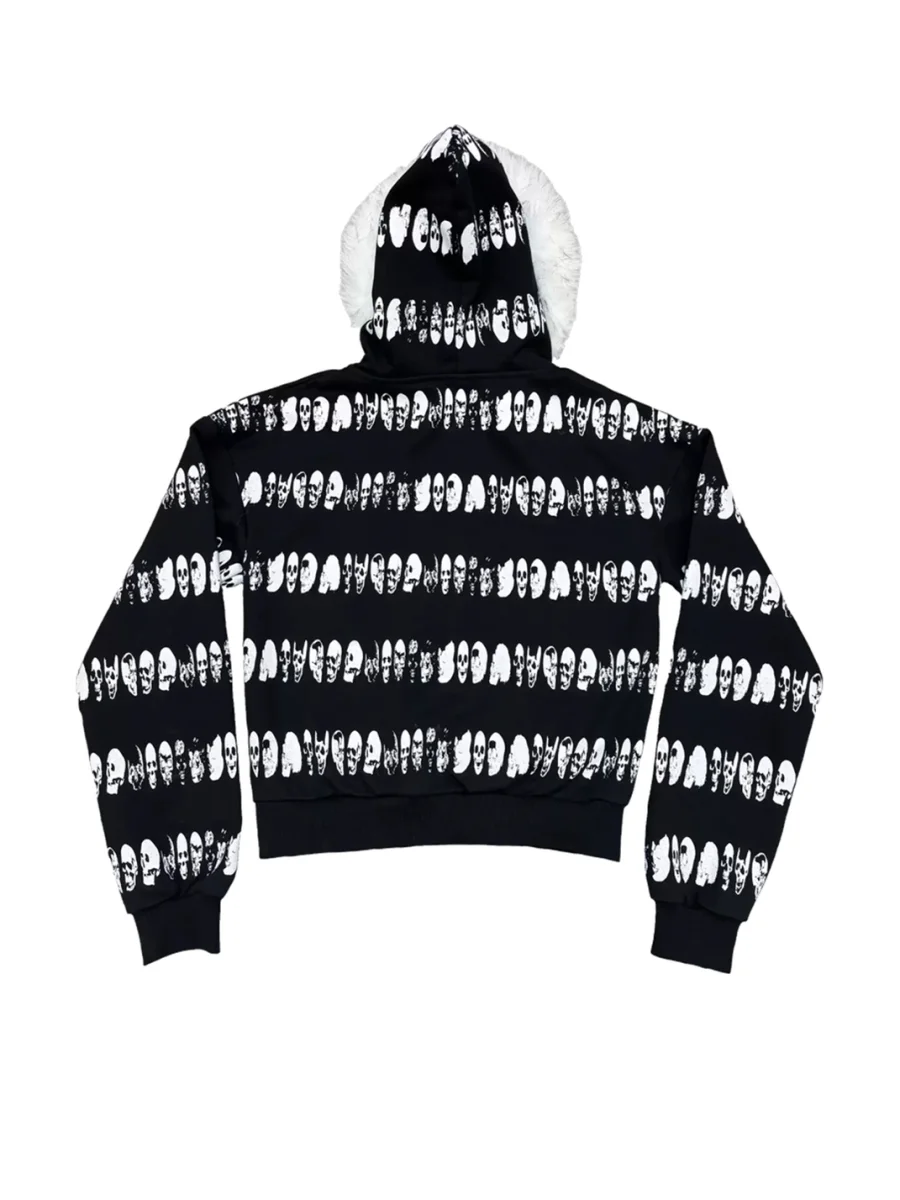 B0RN1NH3LL | Plush-Trimmed Skull Stripe Zip Hoodie - 4