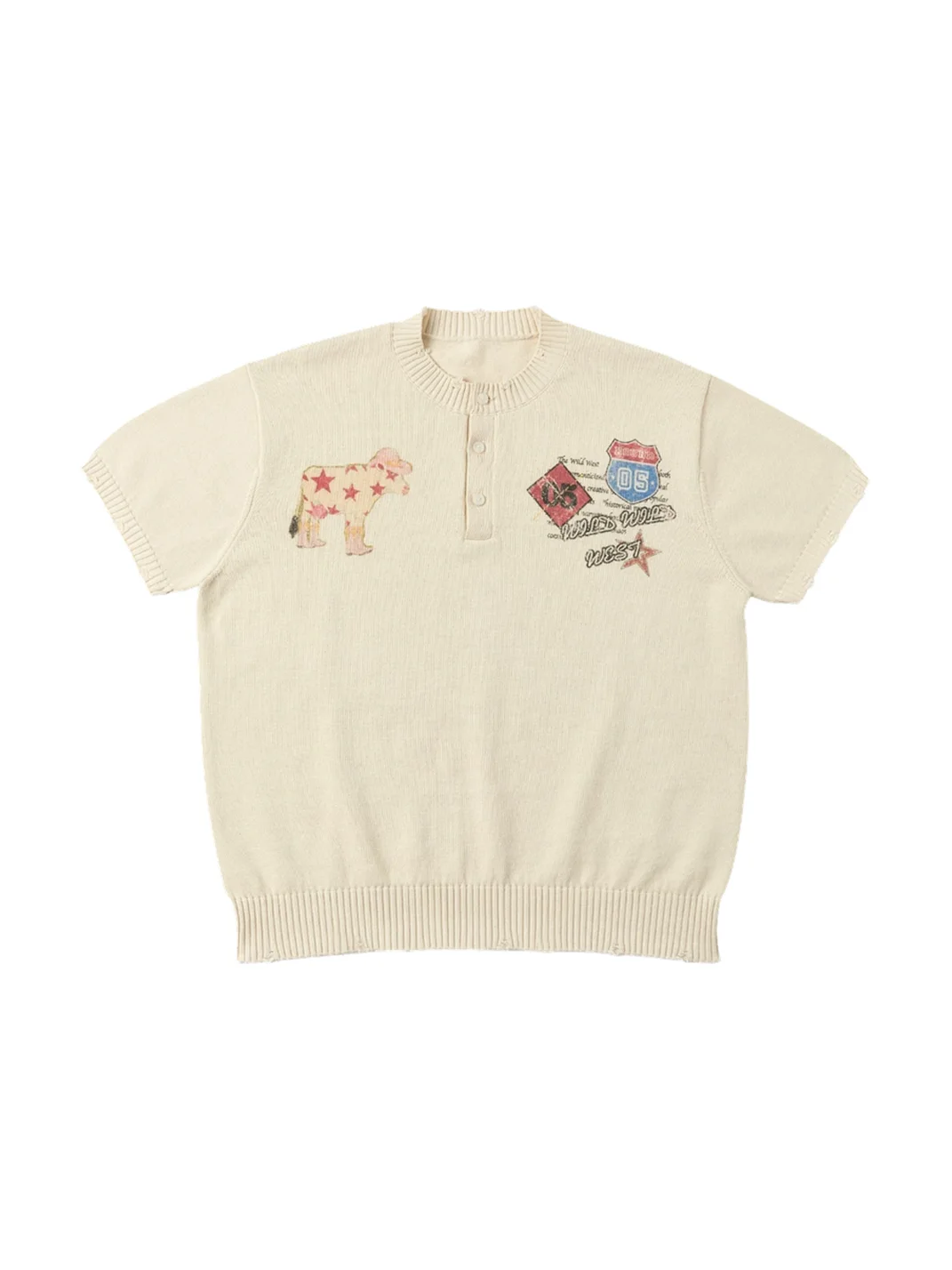 SAXGENWON | Short Wide-Fit Cow Print Henley Knit Top