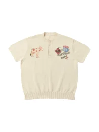 SAXGENWON | Short Wide-Fit Cow Print Henley Knit Top