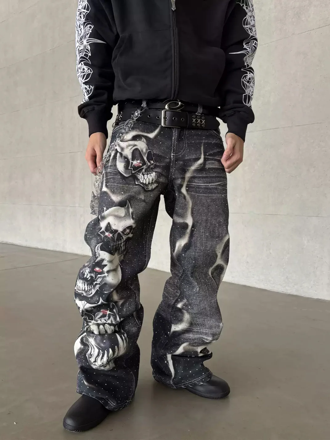 WASTED | Rhinestone Skull Print Flared Jeans