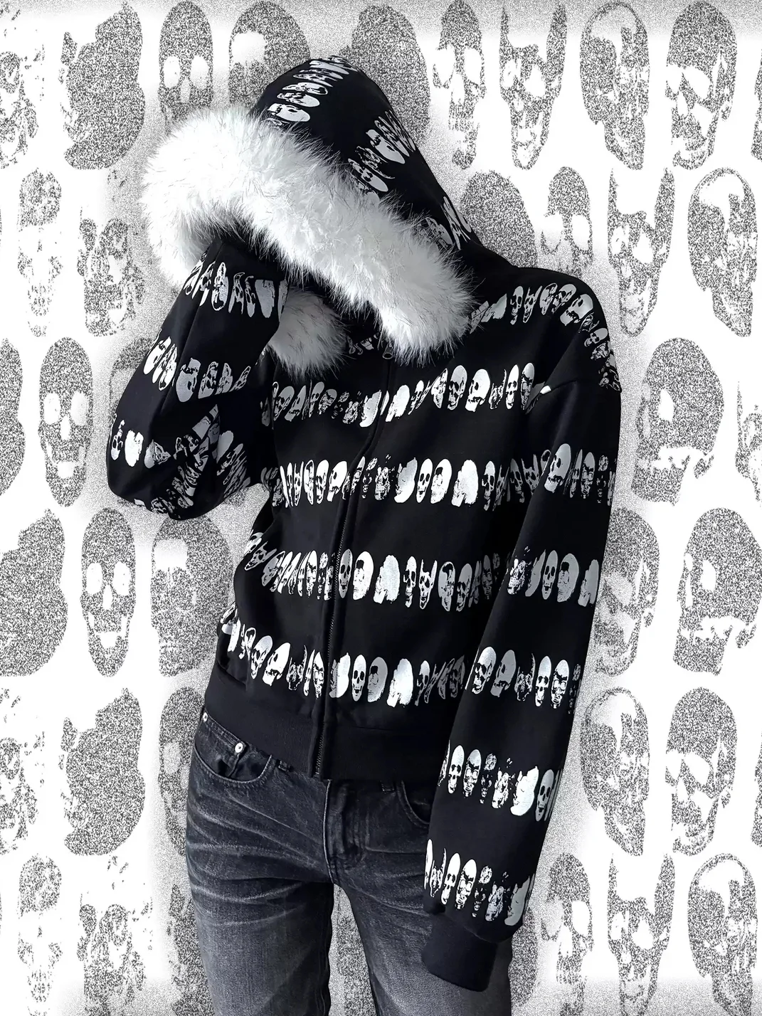 B0RN1NH3LL | Plush-Trimmed Skull Stripe Zip Hoodie