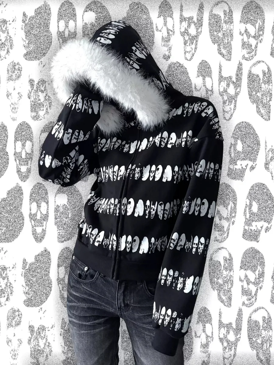 B0RN1NH3LL | Plush-Trimmed Skull Stripe Zip Hoodie - 2
