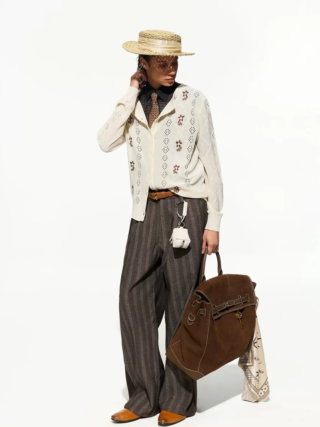 OPENFLY | Embroidered Openwork Long Sleeve Knit Cardigan