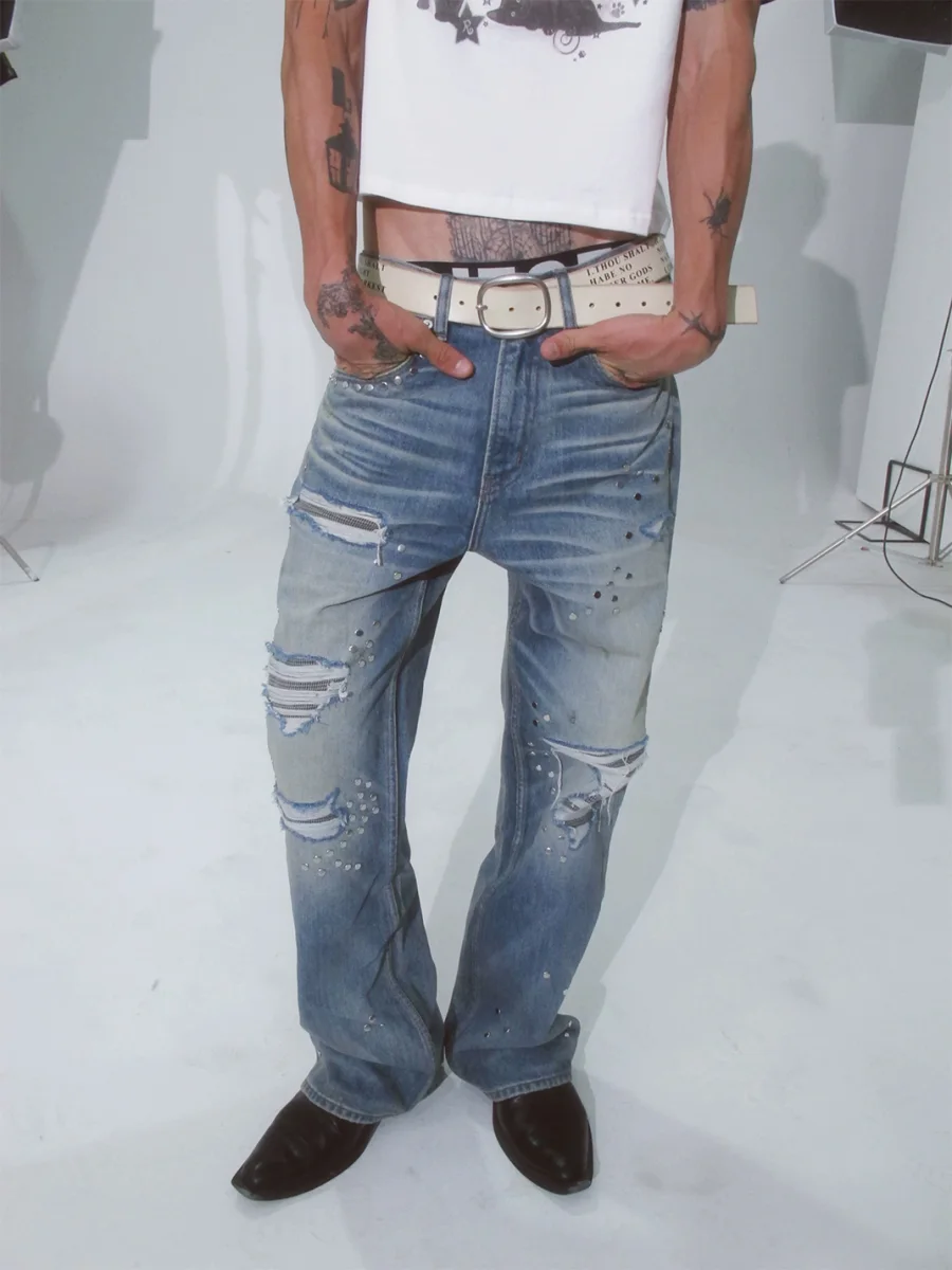 VOWPROGRESS | Houndstooth Patch Distressed Studded Flared Jeans - 3