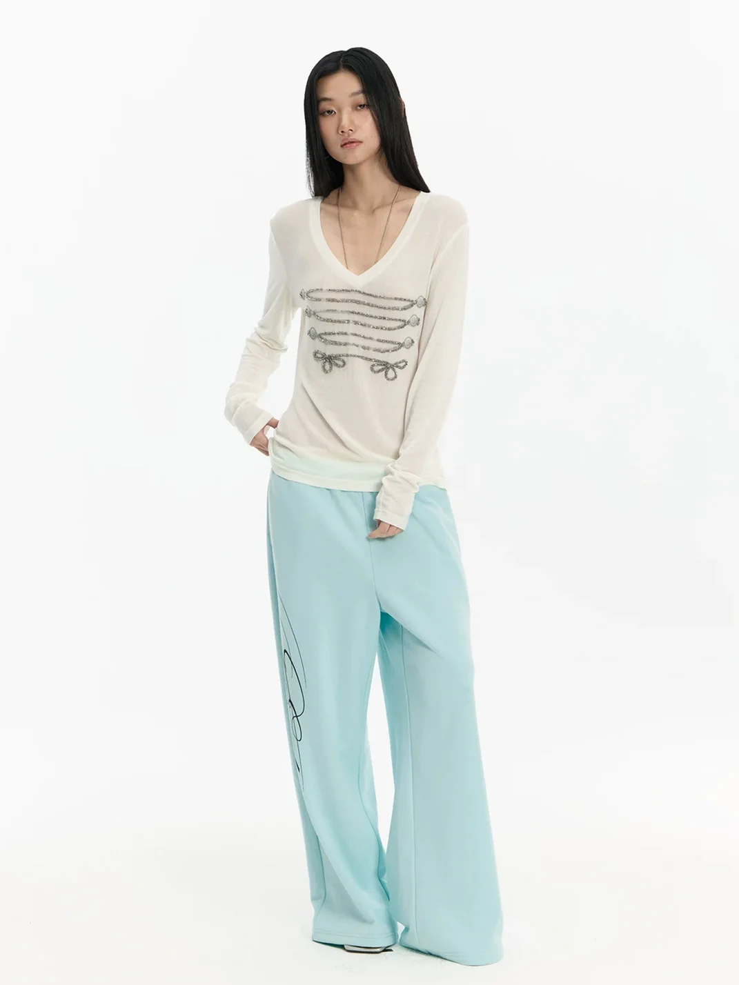 FayChui | Mint Green Printed Wide-Leg Straight-Leg Pants