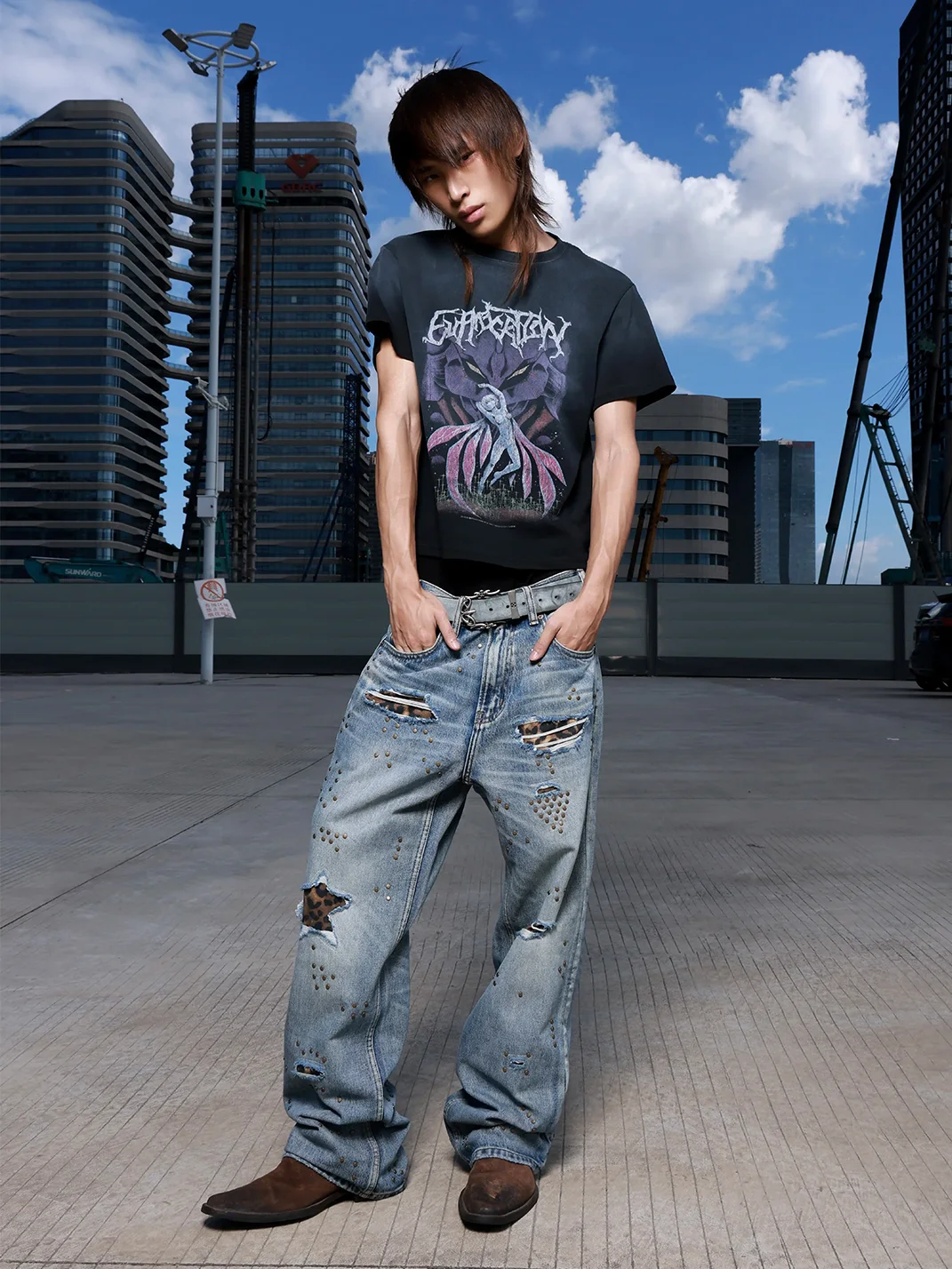 VOWPROGRESS | Leopard Studded Distressed Straight Leg Jeans