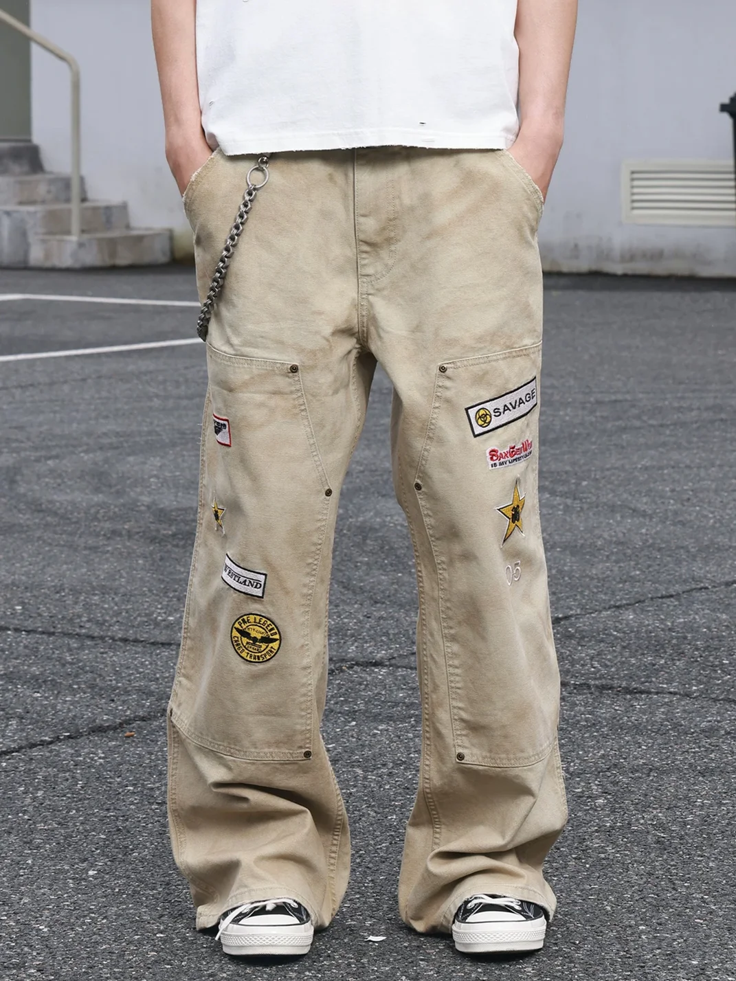 SAXGENWON | Distressed Embroidered Loose Straight Cargo Pants