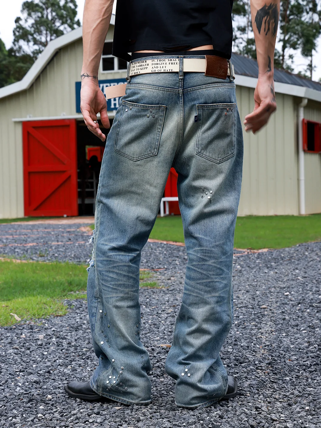 VOWPROGRESS | Houndstooth Patch Distressed Studded Flared Jeans