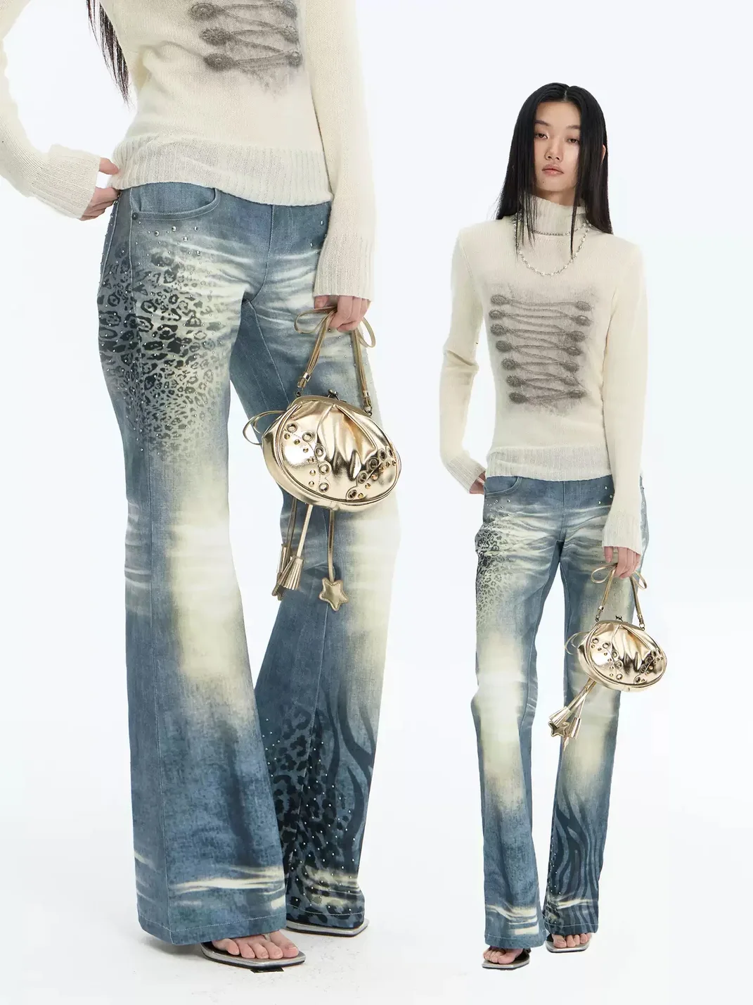 FayChui | Washed Animal Print Slim Flare Jeans