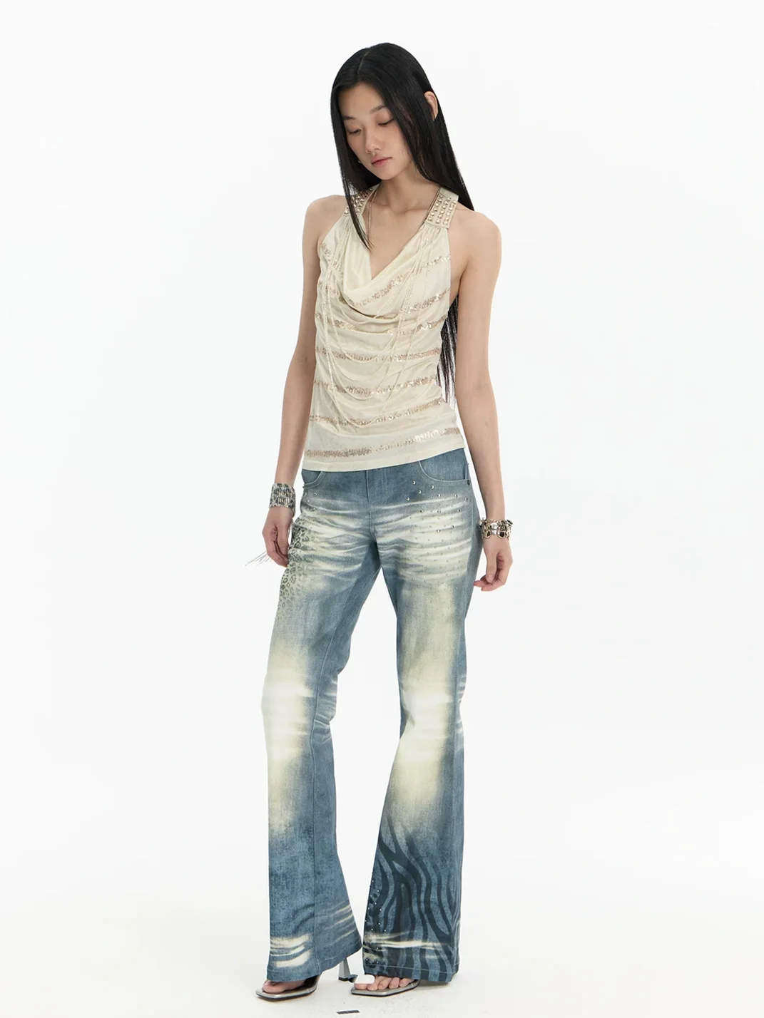 FayChui | Washed Animal Print Slim Flare Jeans