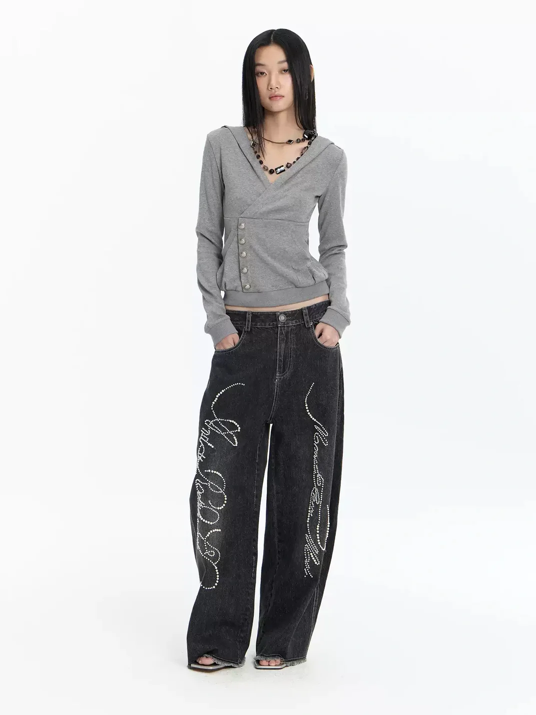 FayChui | Cropped Wrap V-Neck Button Hoodie
