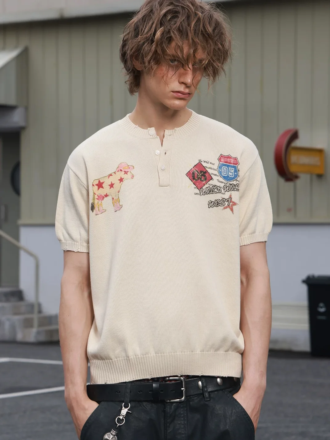 SAXGENWON | Short Wide-Fit Cow Print Henley Knit Top