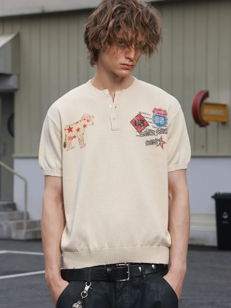 SAXGENWON | Short Wide-Fit Cow Print Henley Knit Top - 2