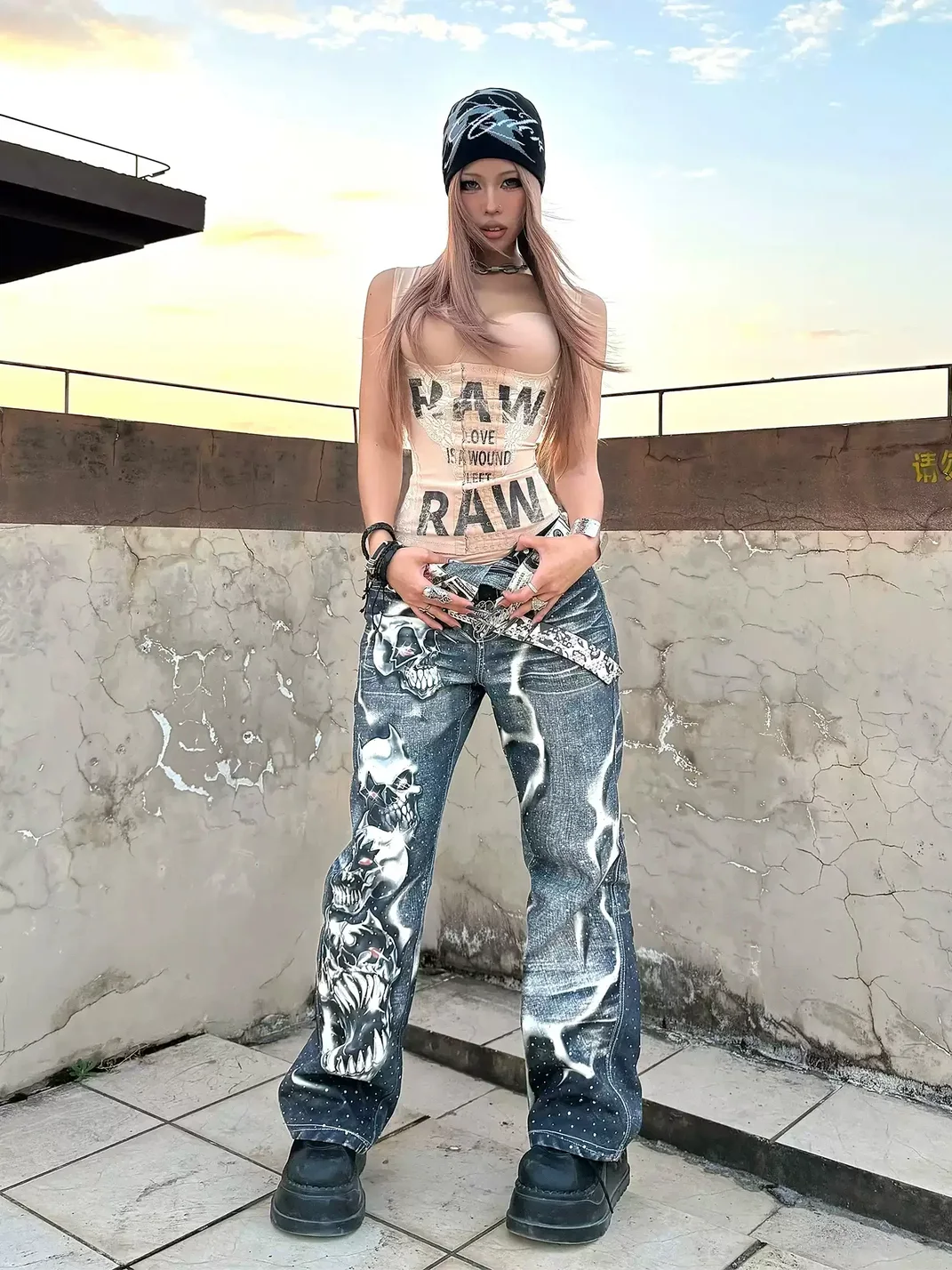 WASTED | Rhinestone Skull Print Flared Jeans