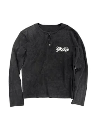 SAXGENWON | Washed Distressed Skull Print Waffle Henley Shirt