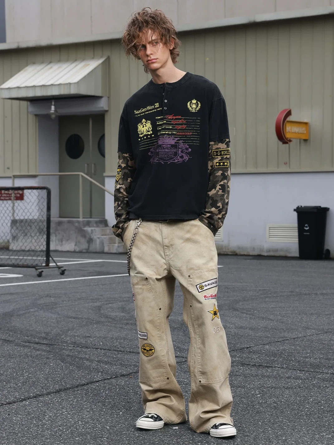 SAXGENWON | Boxy Camouflage Sleeve Henley Long Sleeve T-Shirt