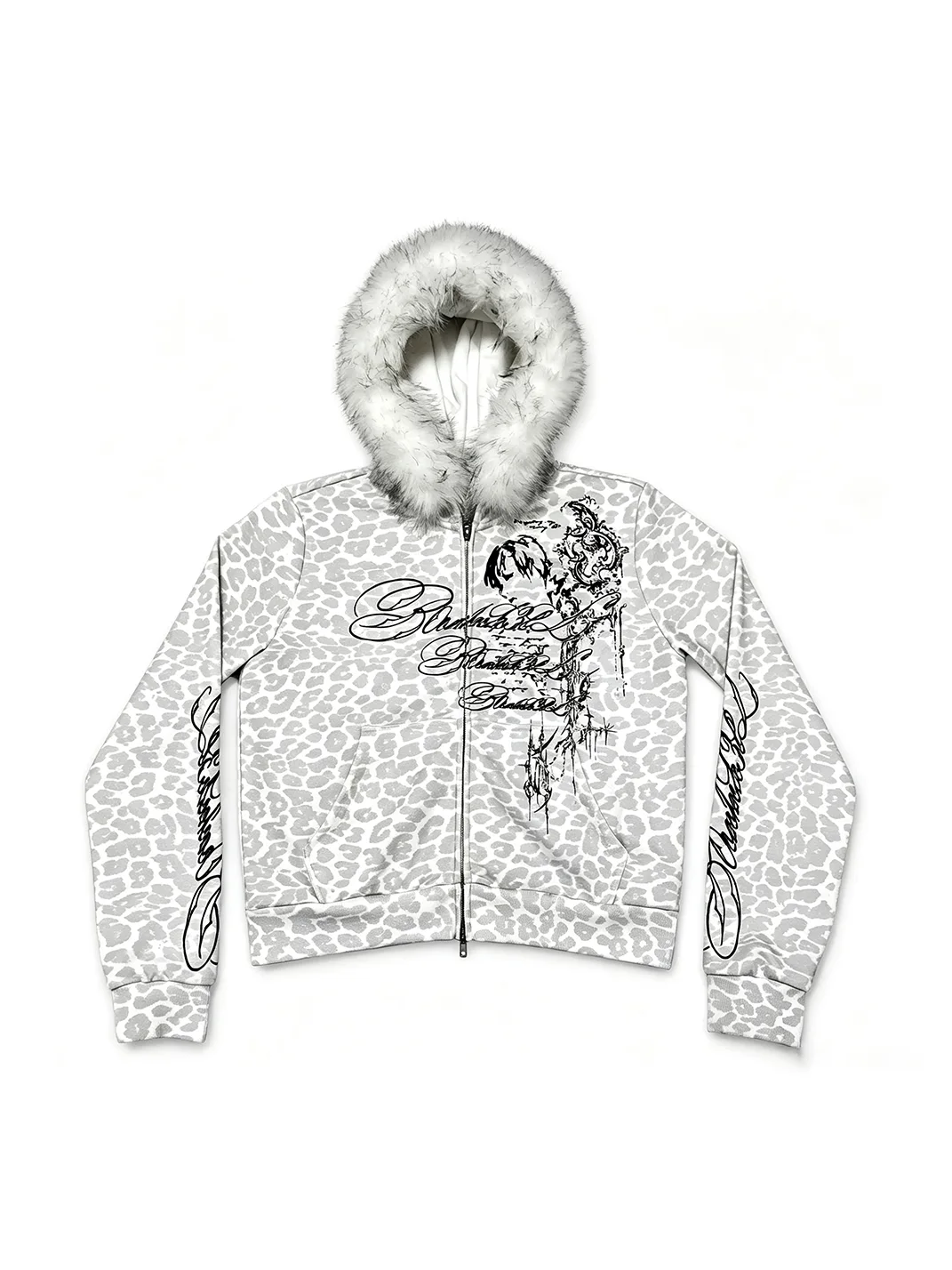 B0RN1NH3LL | Leopard Print Plush Trim Zip Hoodie
