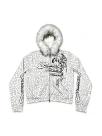 B0RN1NH3LL | Leopard Print Plush Trim Zip Hoodie