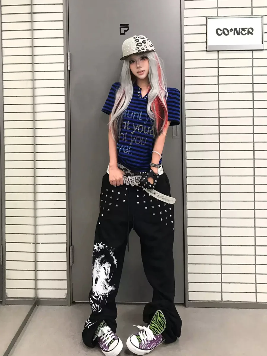 SAXGENWON | Studded Graphic Wide Leg Sweatpants - 4